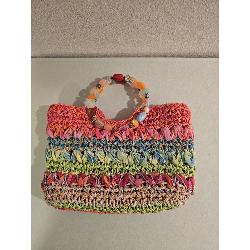 Cappelli Straworld Small Multicolor Woven Straw Tote With Beaded Handles